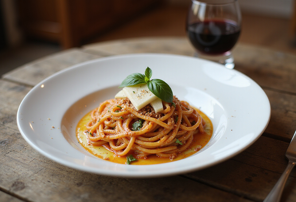 Stunning presentation of Gigi Hadid Spicy Vodka Pasta; creamy, spicy pasta with fresh basil and parmesan on a rustic dining table.