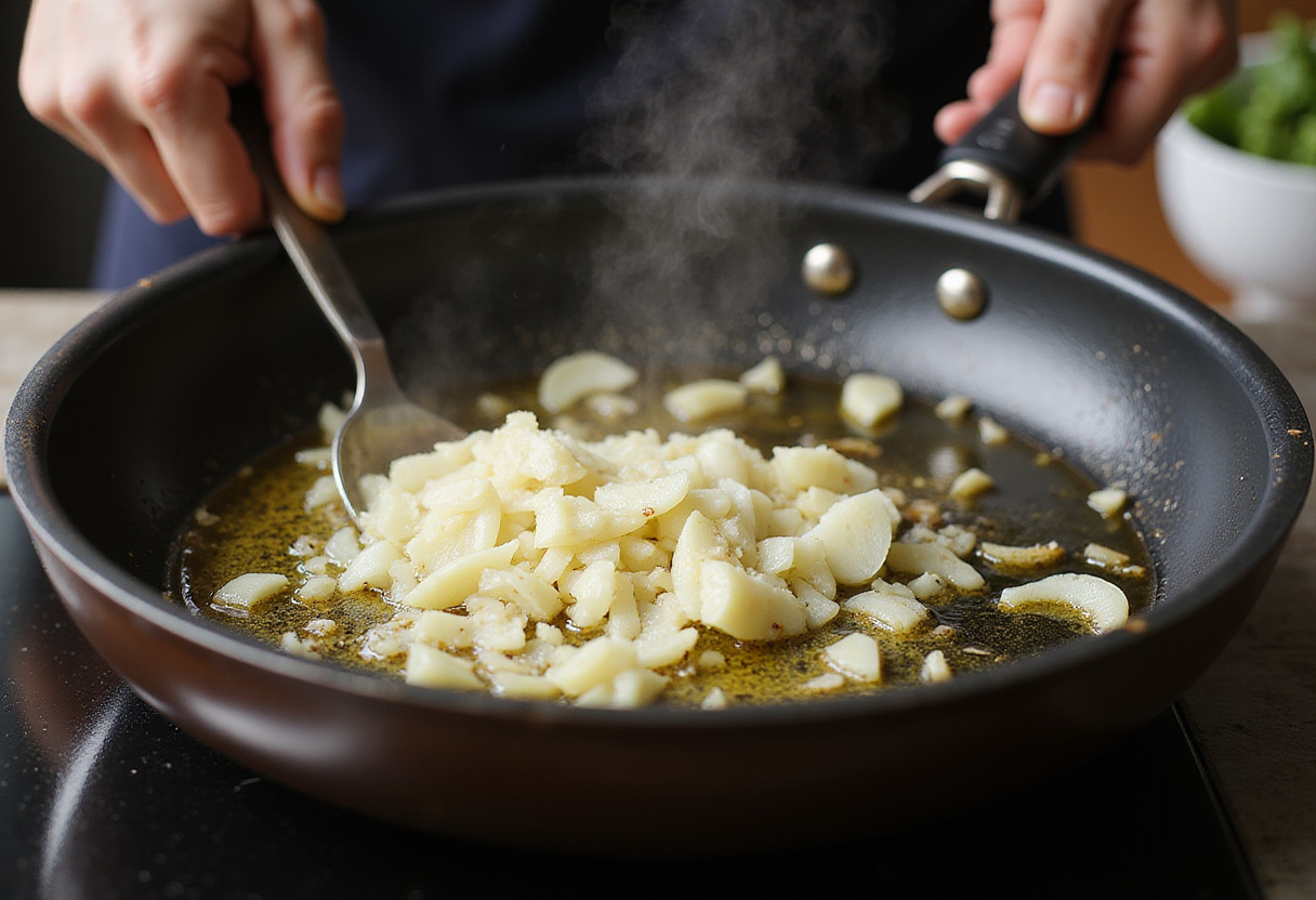 Gigi Hadid Spicy Vodka Pasta preparation with sautéed onions and garlic as a fragrant base.