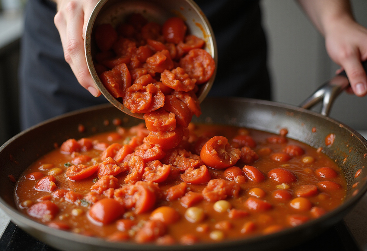 Culinary process for Gigi Hadid Spicy Vodka Pasta with crushed tomatoes being added for flavor.
