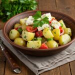 Final presentation of Greek Potato Salad in a rustic bowl, garnished with parsley, highlighting the dish's colorful and fresh ingredients.