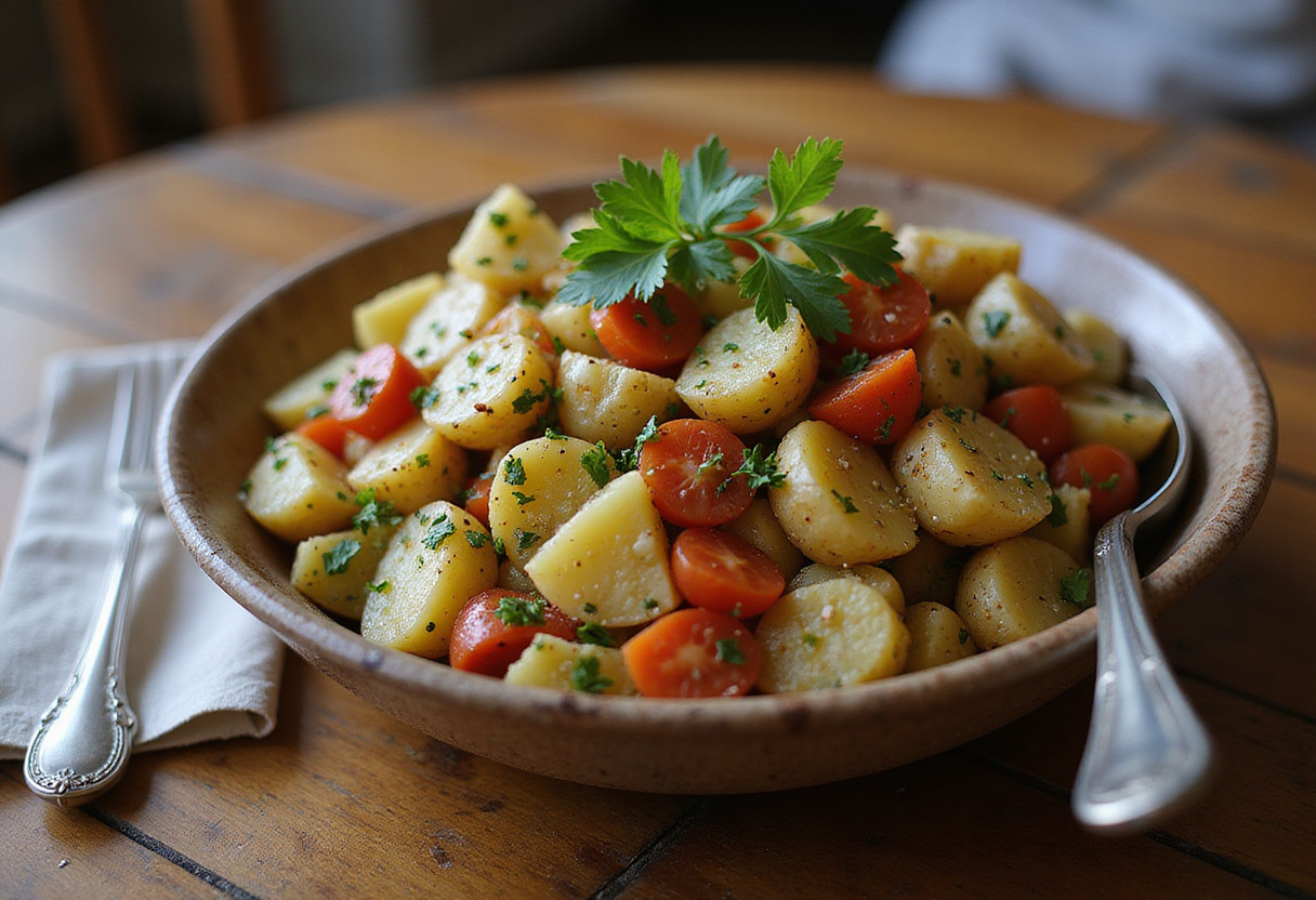 Final presentation of Greek Potato Salad in a rustic bowl, garnished with parsley, highlighting the dish's colorful and fresh ingredients.