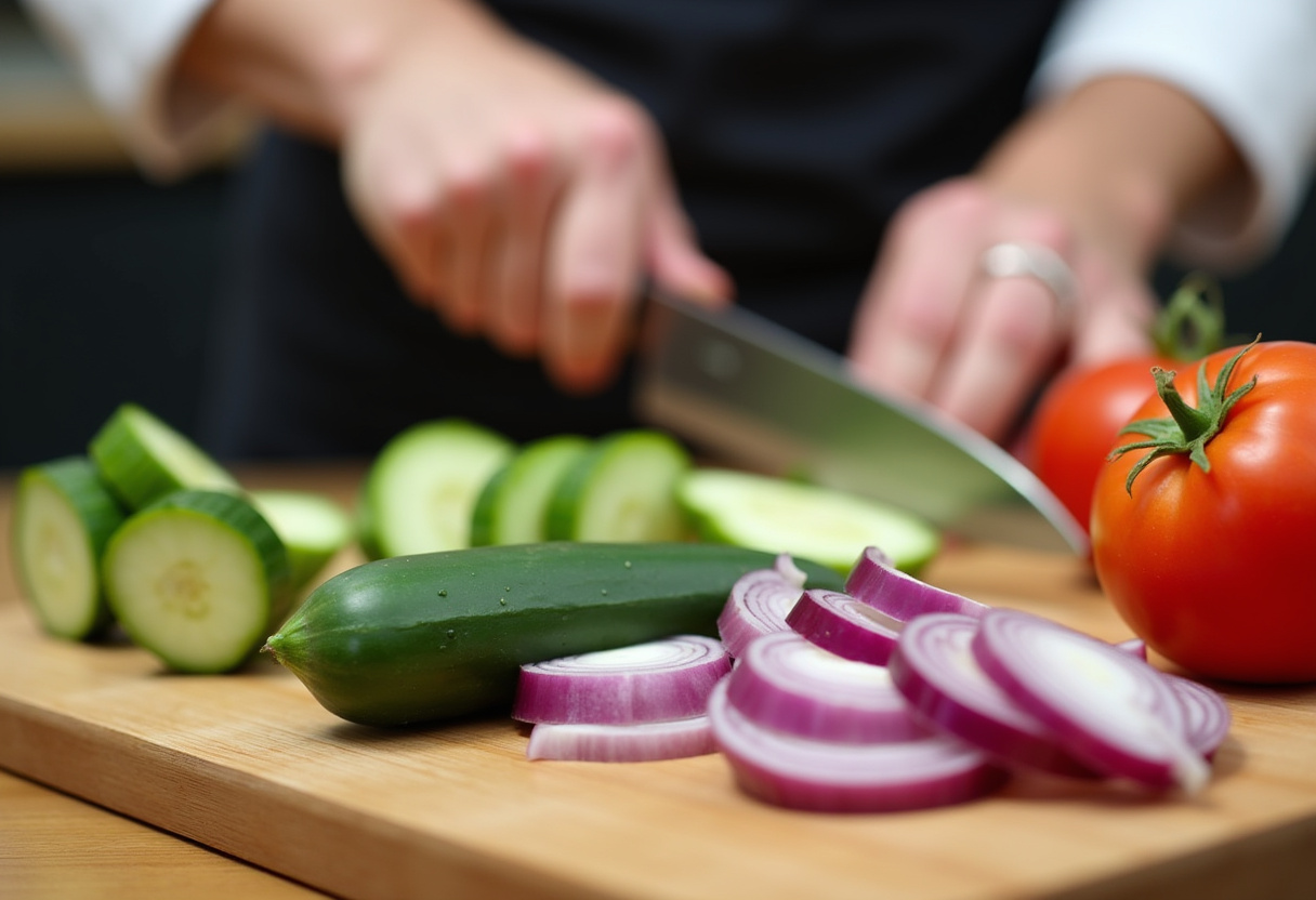 Fresh vegetables for Greek Potato Salad - cucumbers, red onions, and tomatoes chopped on a wooden board.