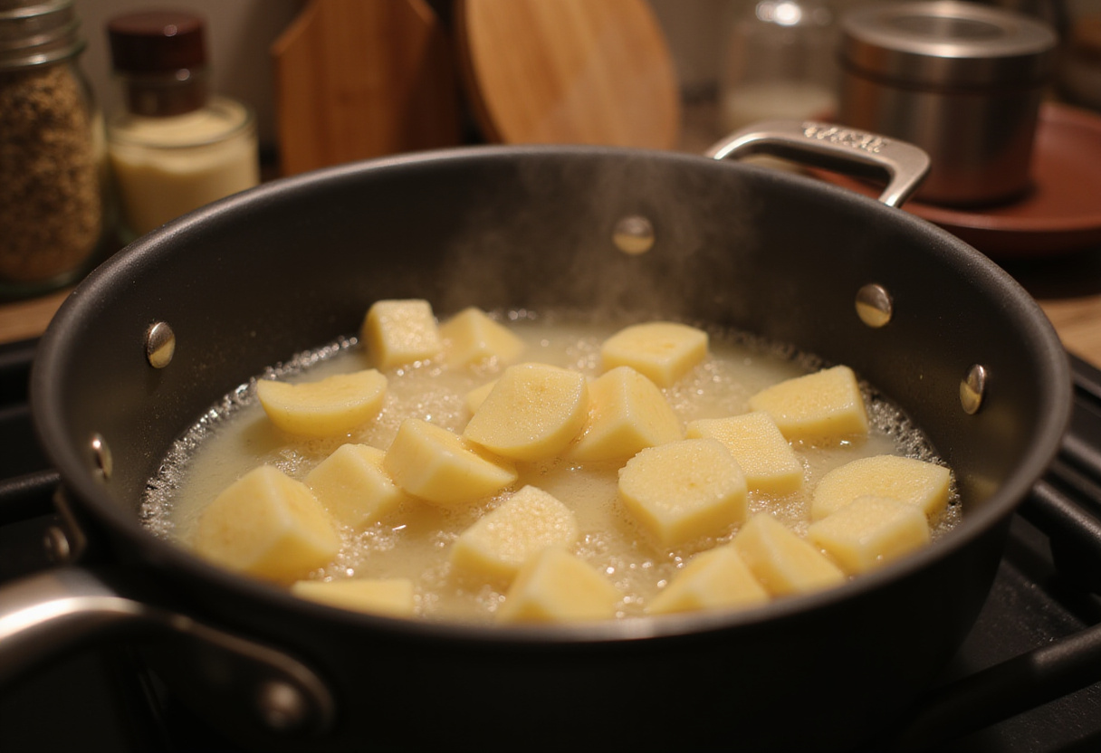 Boiling potatoes for Greek Potato Salad in a kitchen, showcasing the cooking process and rustic kitchen decor.