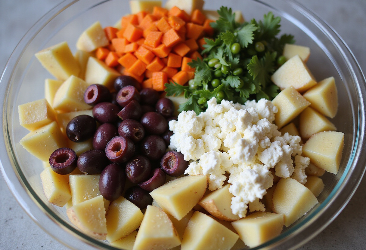 Colorful ingredients for Greek Potato Salad - boiled potatoes, chopped vegetables, olives, and feta cheese in a mixing bowl.