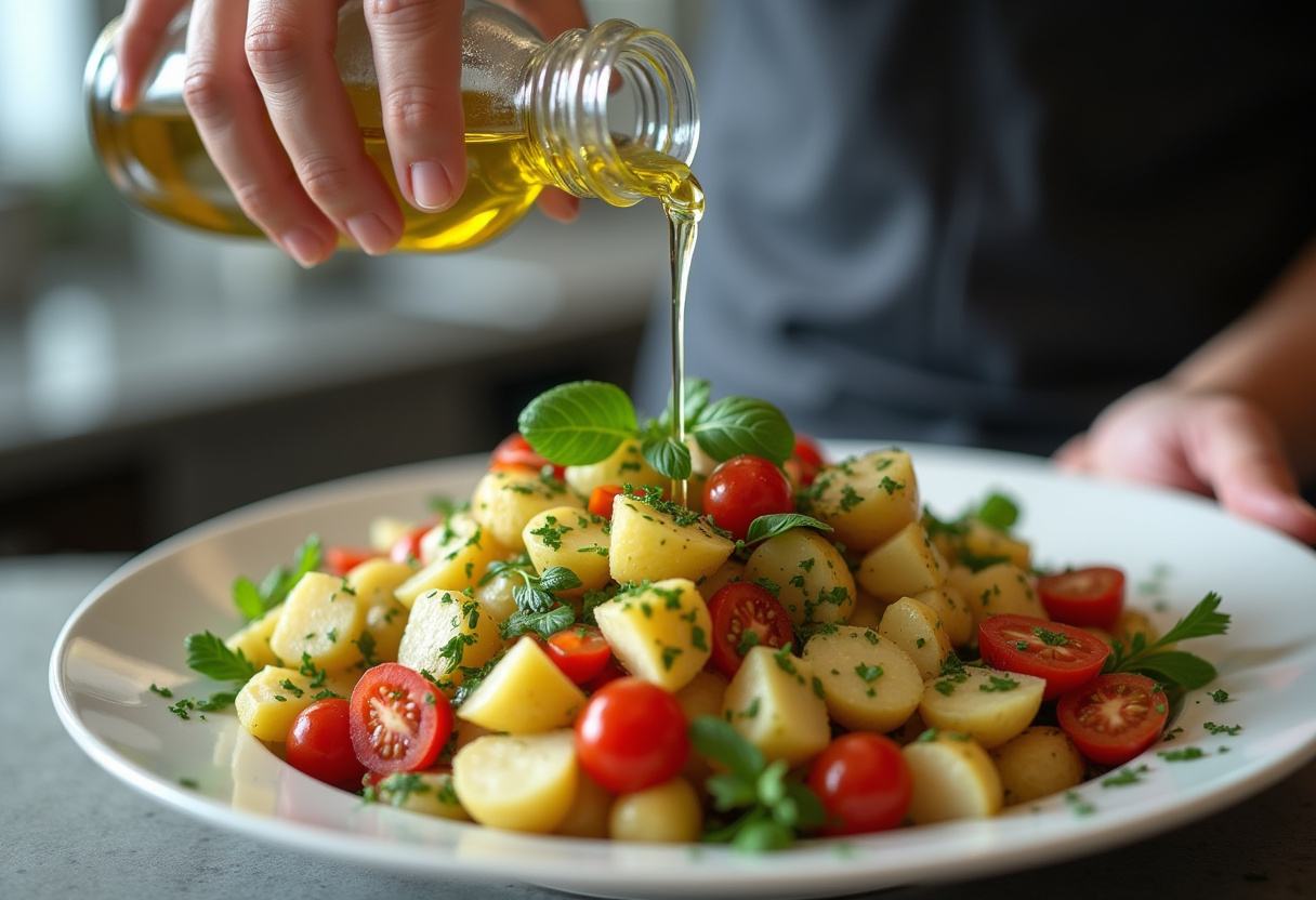 Preparing Greek Potato Salad with olive oil, lemon juice, and herbs, showcasing the vibrant ingredients in a bowl.