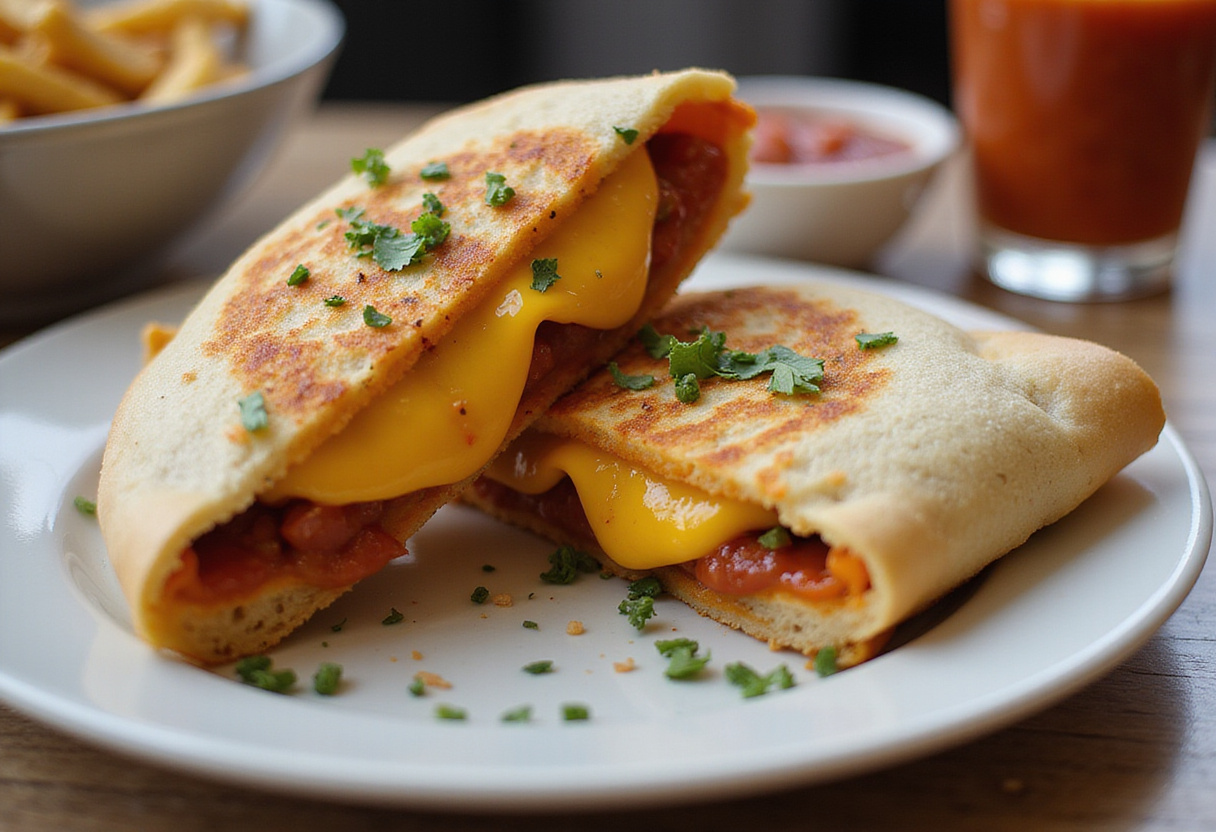 Final presentation of a delicious Grilled Cheese Burrito, highlighting melted cheese and savory salsa, perfect for a satisfying meal.