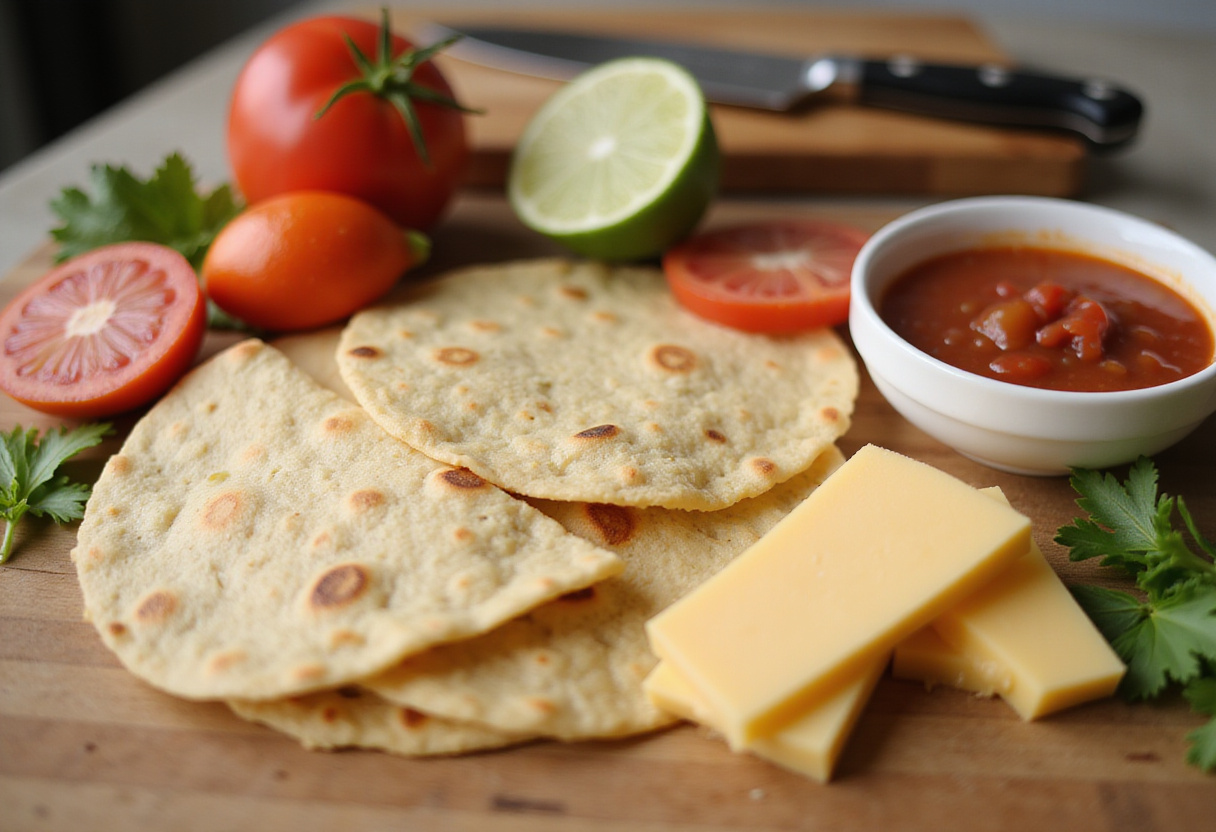 Fresh ingredients for Grilled Cheese Burrito, including tortillas, cheese slices, and salsa arranged on a cutting board.