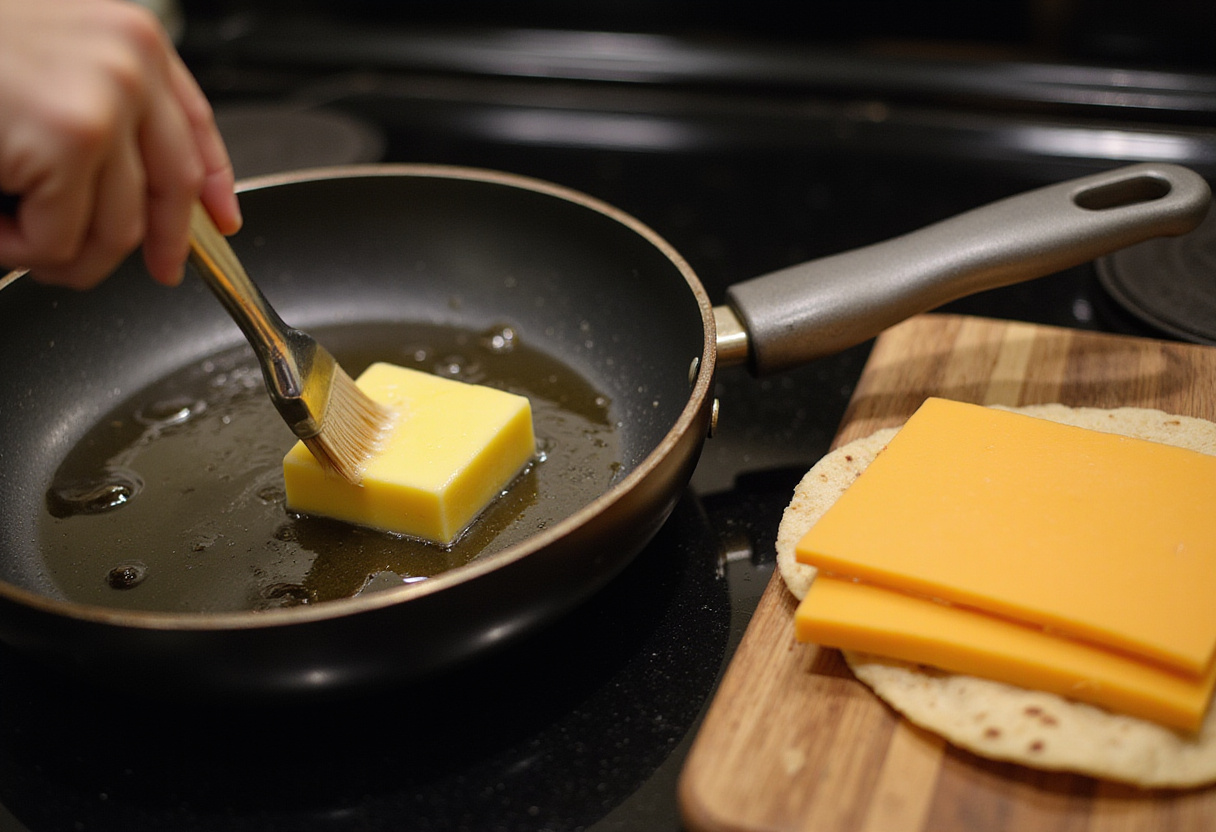 Melting butter in a frying pan, prepared for crafting a delicious Grilled Cheese Burrito.