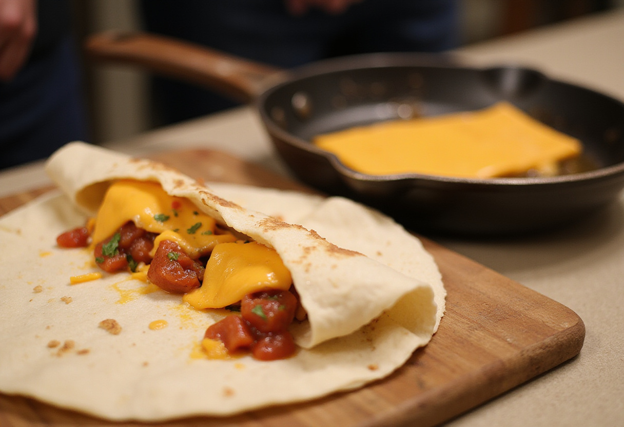 Assembling Grilled Cheese Burrito with melted cheese and salsa in a tortilla on a countertop, preparing to grill.