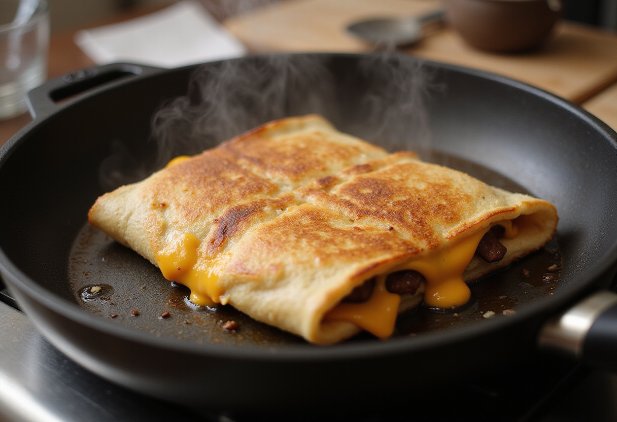 Grilling the Grilled Cheese Burrito in a pan, achieving a perfect golden-brown crust, creating an appetizing aroma.