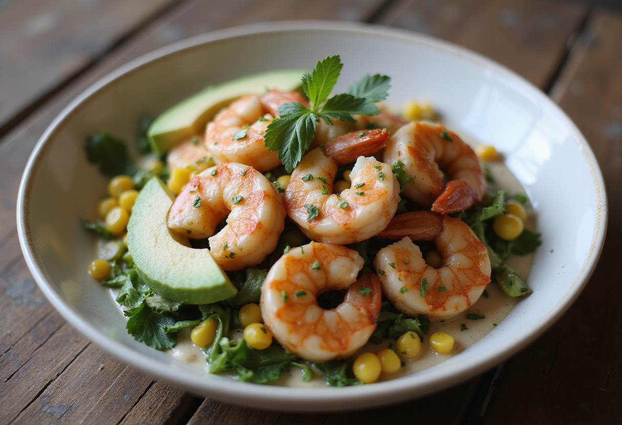 Delicious grilled shrimp bowl with avocado, corn salsa, and creamy garlic sauce, a perfect harmony of flavors on a rustic table.