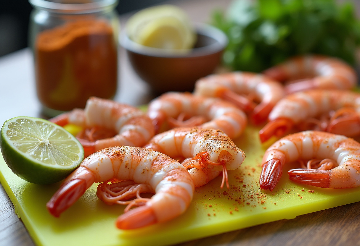 Fresh shrimp marinating in spices for a grilled shrimp bowl, perfect for summer meals.