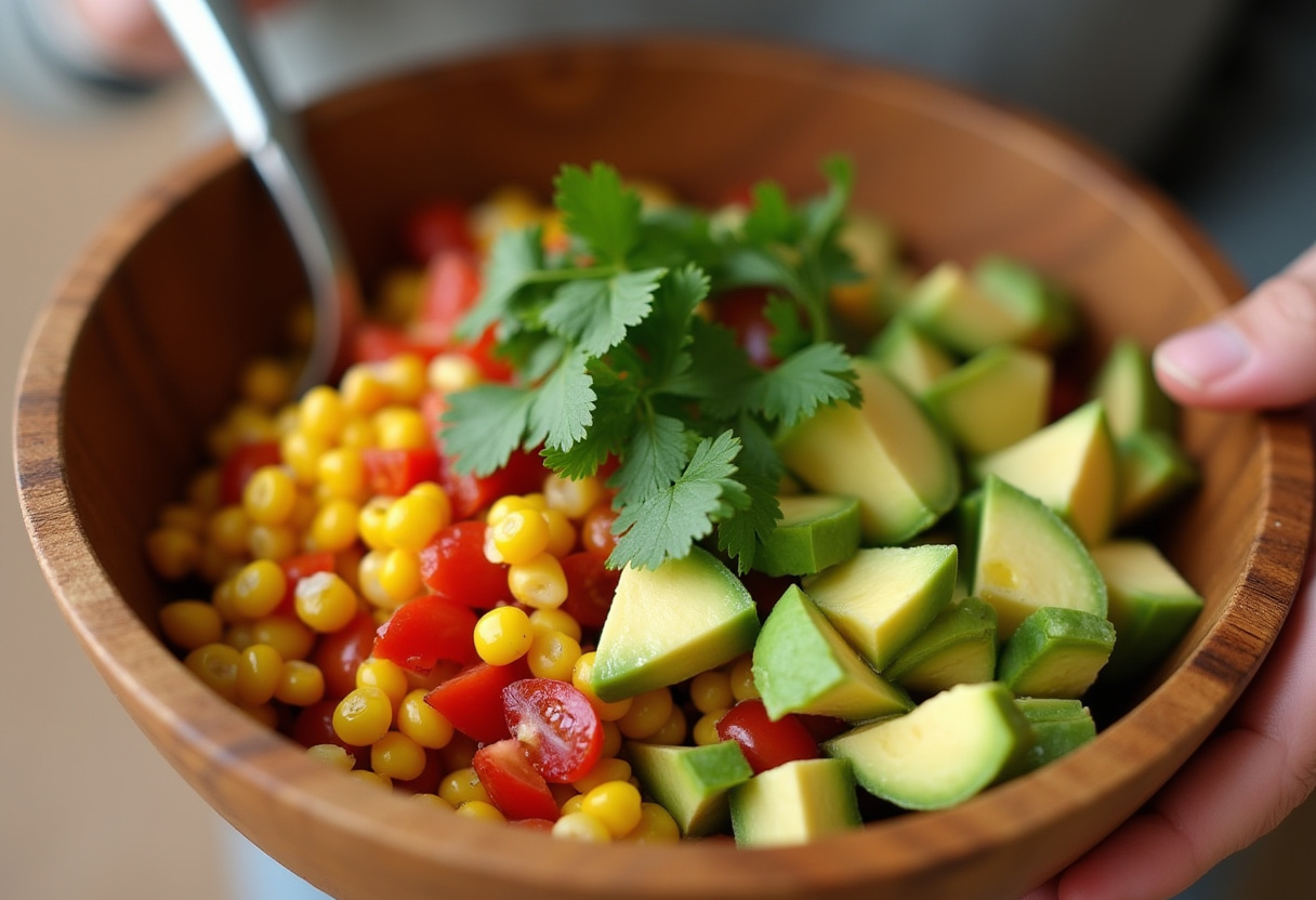 Creating a fresh corn salsa with avocado and tomatoes, a key component for grilled shrimp bowls.