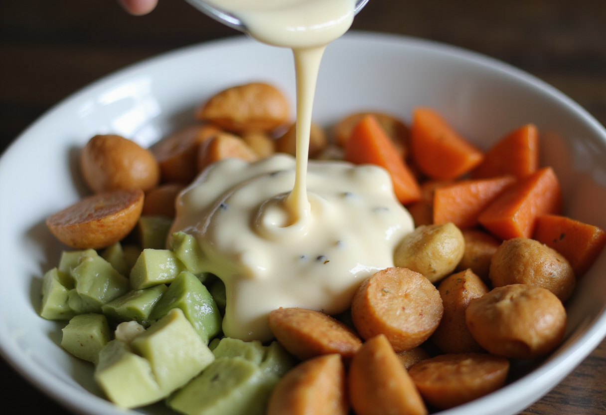 Adding a creamy garlic sauce to the grilled shrimp bowl, enhancing the dish's flavor profile.