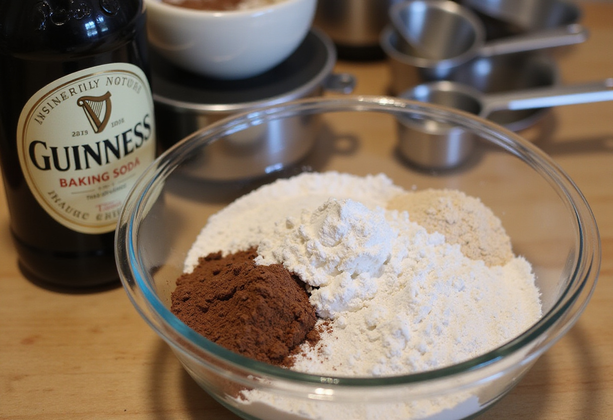 Ingredients for Guinness Chocolate Cake including flour, cocoa powder, baking soda, and Guinness stout in a kitchen setting.