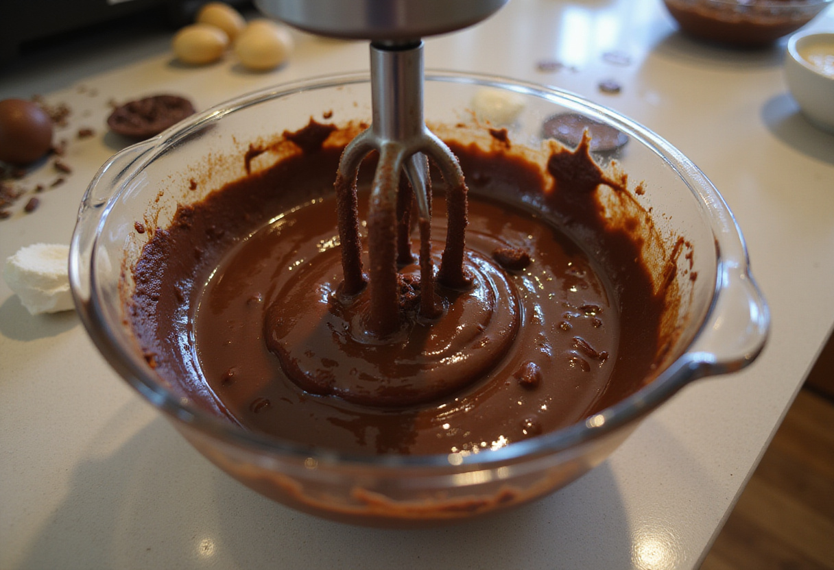 Mixing the batter for Guinness Chocolate Cake with a rich chocolate texture showcasing the use of an electric mixer.