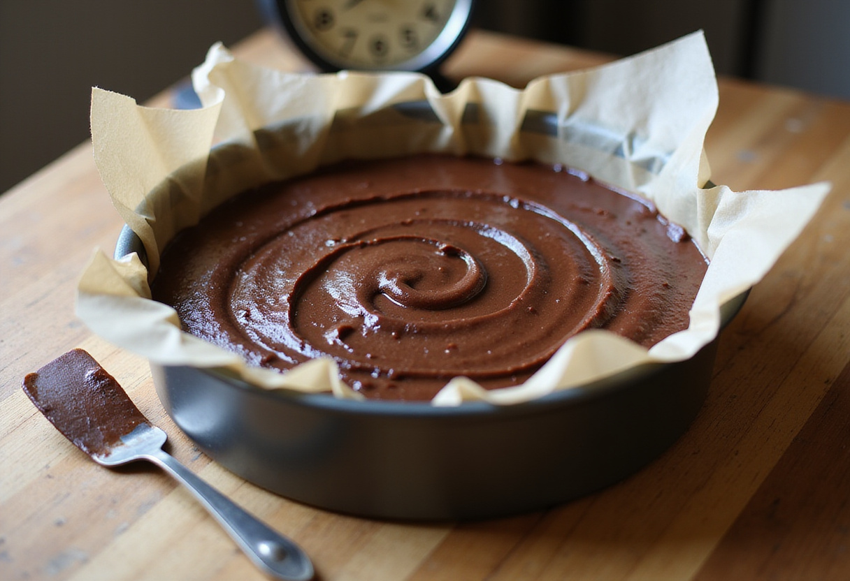 Guinness Chocolate Cake batter in a lined pan, ready for baking, highlighting preparation steps in a cozy kitchen.