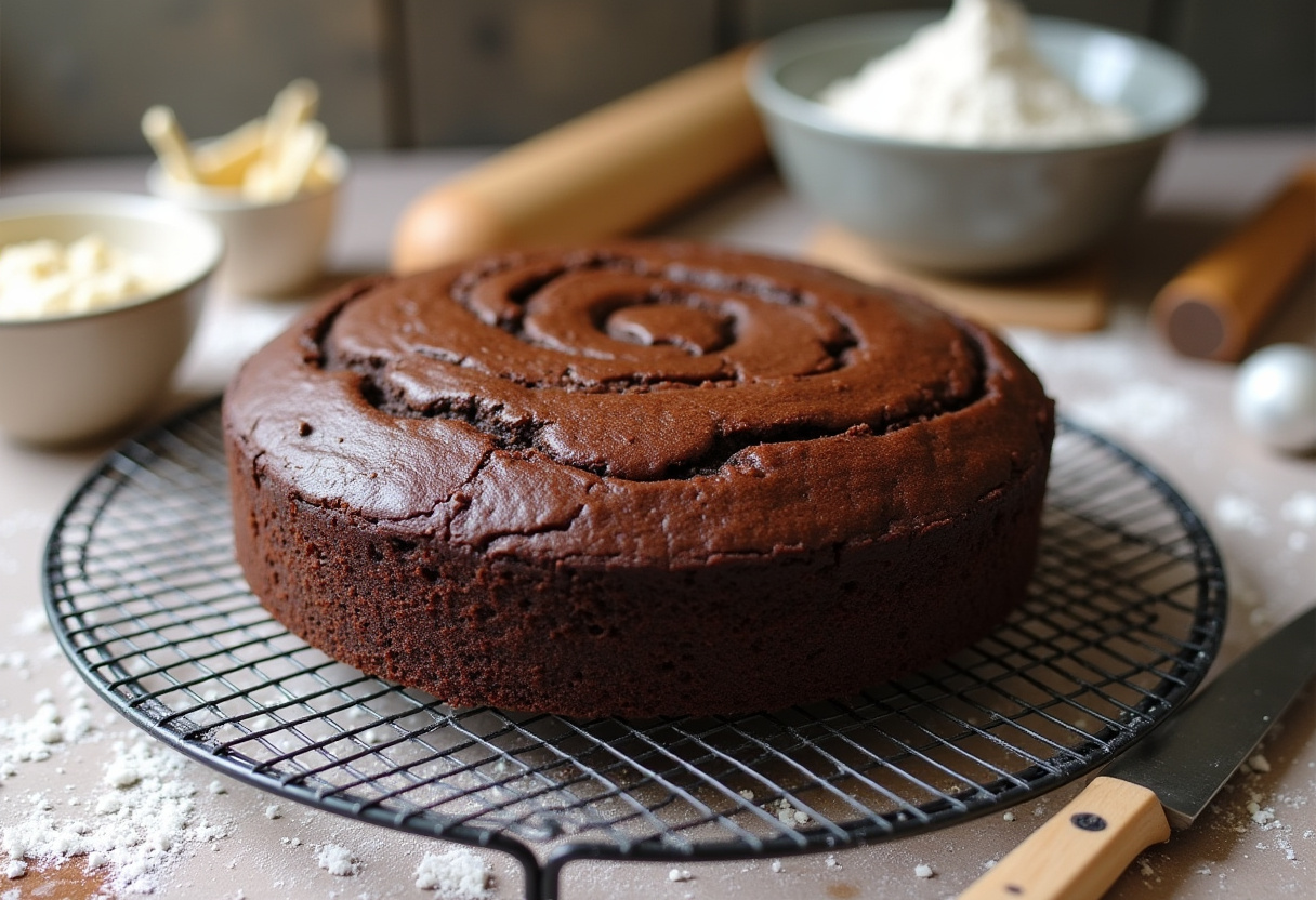 Cooling Guinness Chocolate Cake ready to be frosted, showcasing the baking process in a rustic kitchen environment.
