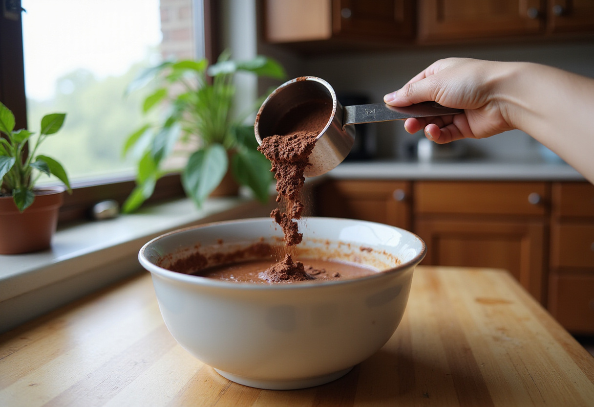 Cocoa powder being added to the mixture of Healthy Baked Oatmeal Brownies, showcasing the preparation of the brownies.