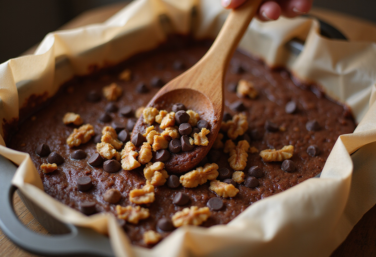 Chopped walnuts and dark chocolate chips folding into the brownie batter for Healthy Baked Oatmeal Brownies, emphasizing their delicious ingredients.