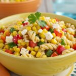 Final presentation of Healthy Street Corn Pasta Salad in a vibrant bowl, highlighting fresh vegetables and a healthy dish.