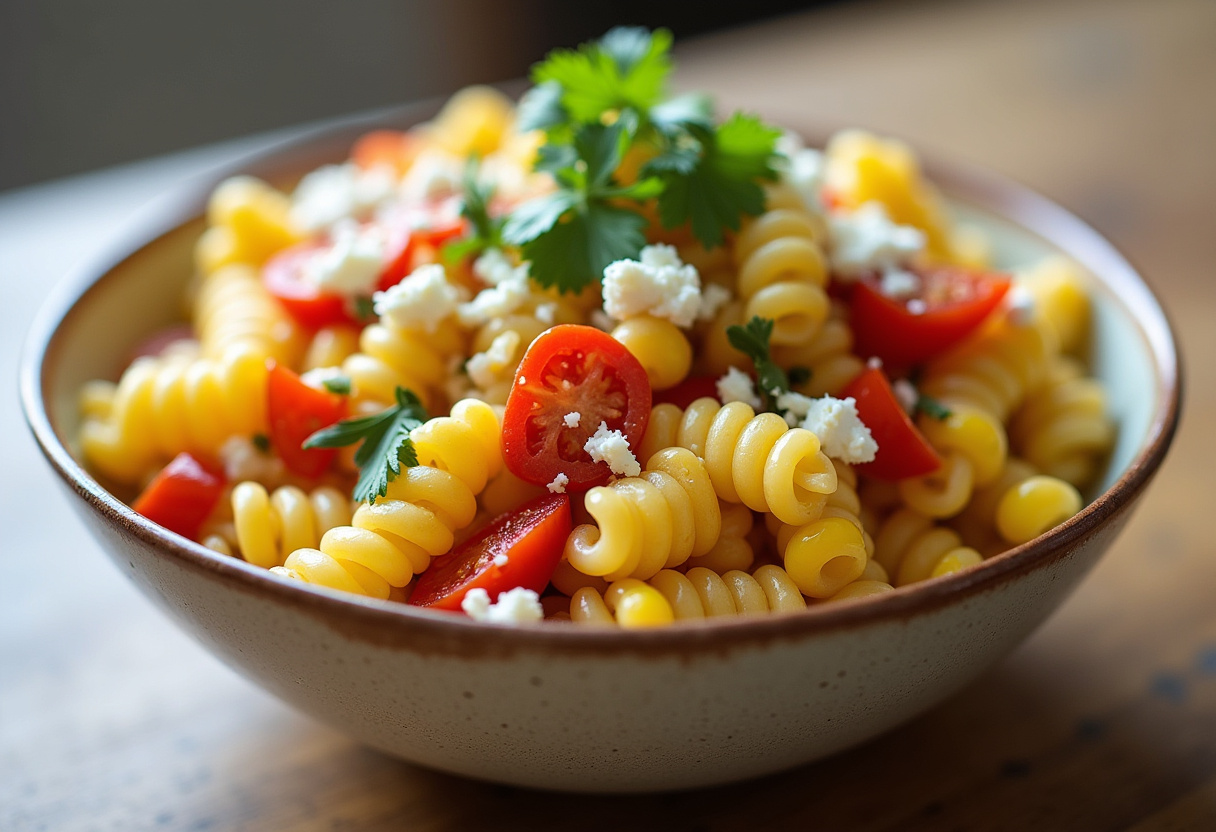 Final presentation of Healthy Street Corn Pasta Salad in a vibrant bowl, highlighting fresh vegetables and a healthy dish.