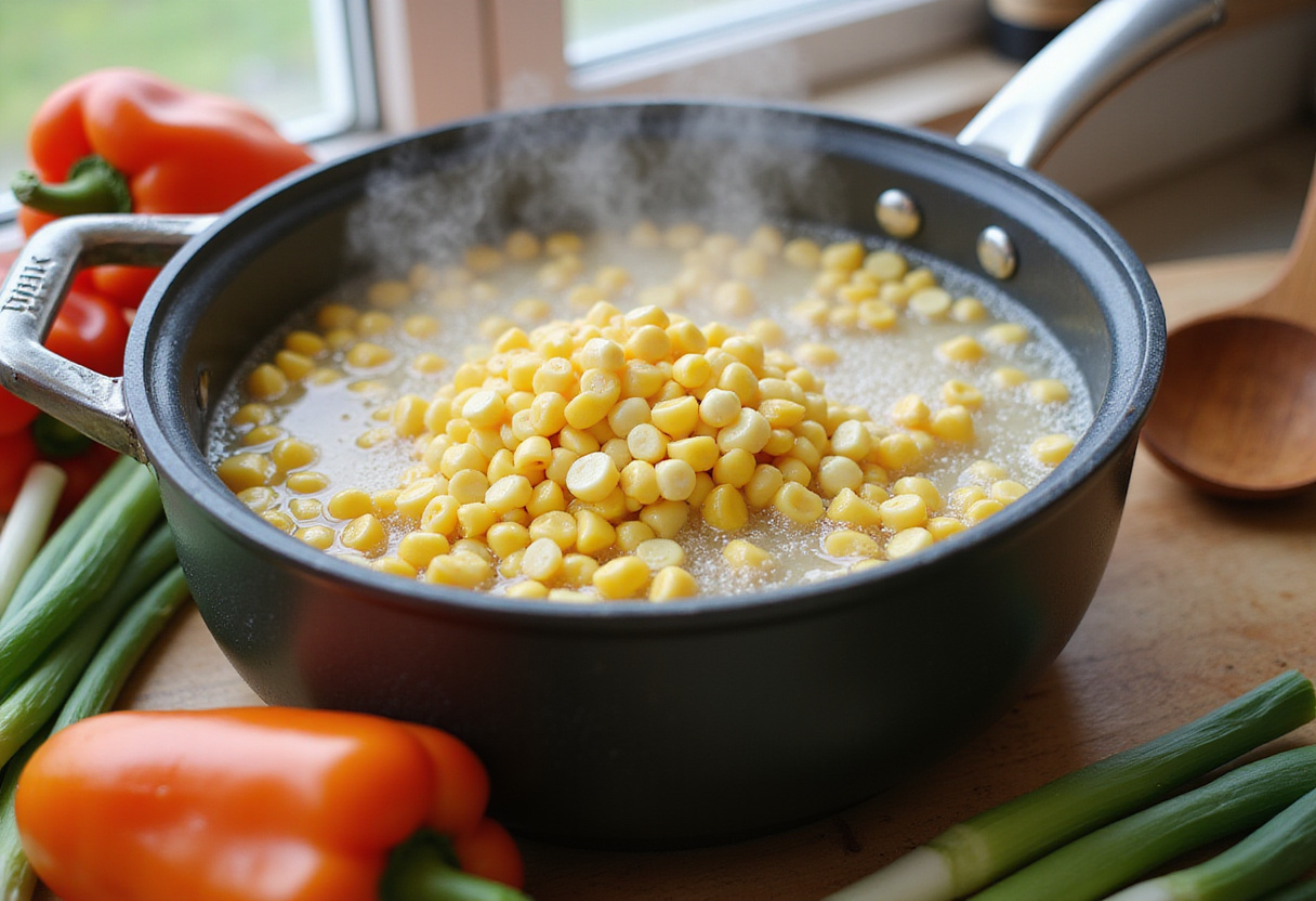 Fresh corn kernels boiling in a pot for Healthy Street Corn Pasta Salad, showcasing vibrant ingredients and a bright kitchen setting.
