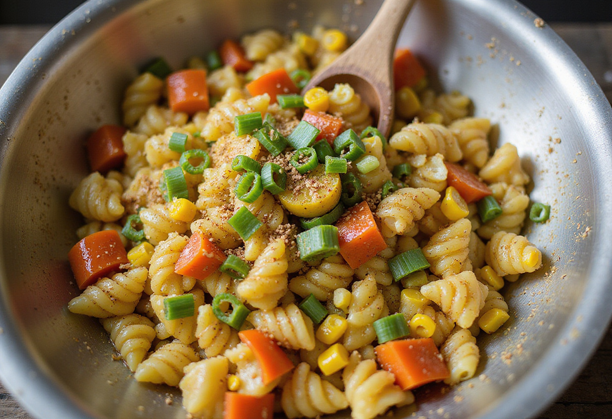 Cooked pasta mixed with colorful corn and bell peppers for a Healthy Street Corn Pasta Salad, highlighting vibrant ingredients and a cozy kitchen atmosphere.