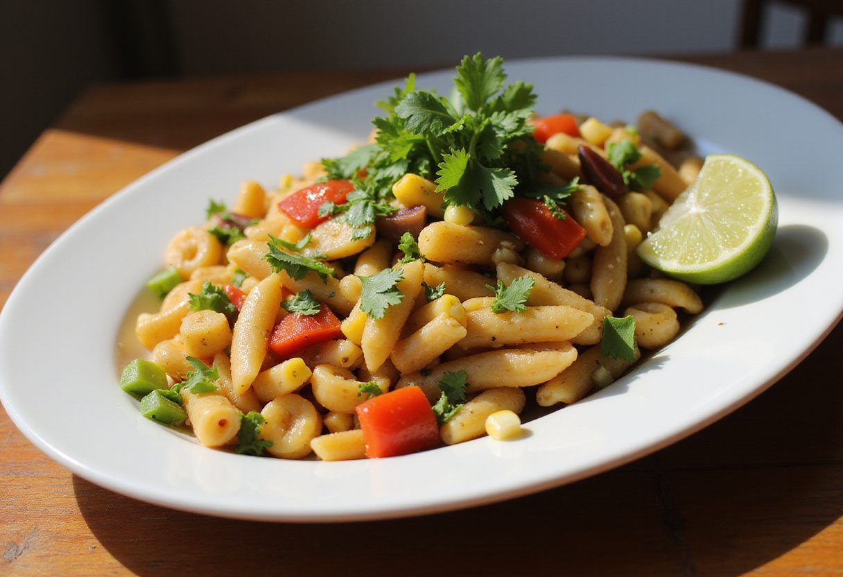 Served Healthy Street Corn Pasta Salad with garnishes on a wooden table, showcasing bright, fresh ingredients in an inviting presentation.