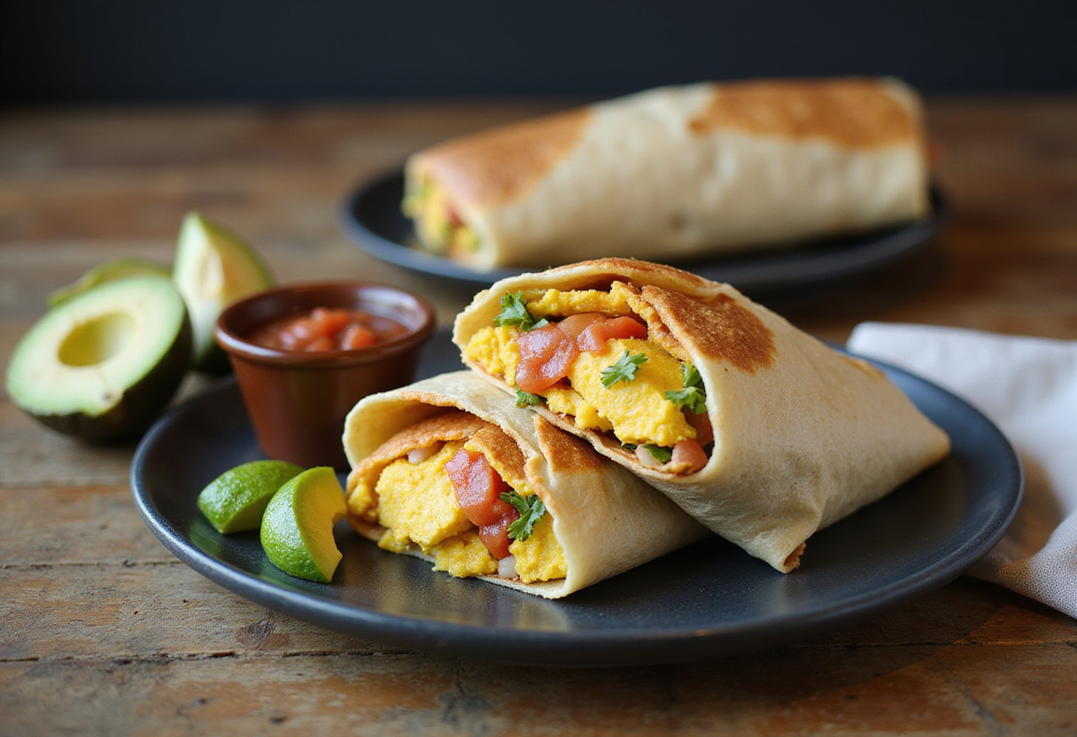 Delicious high protein breakfast burrito served with fresh salsa and avocado, a perfect nutritious meal for the start of the day.