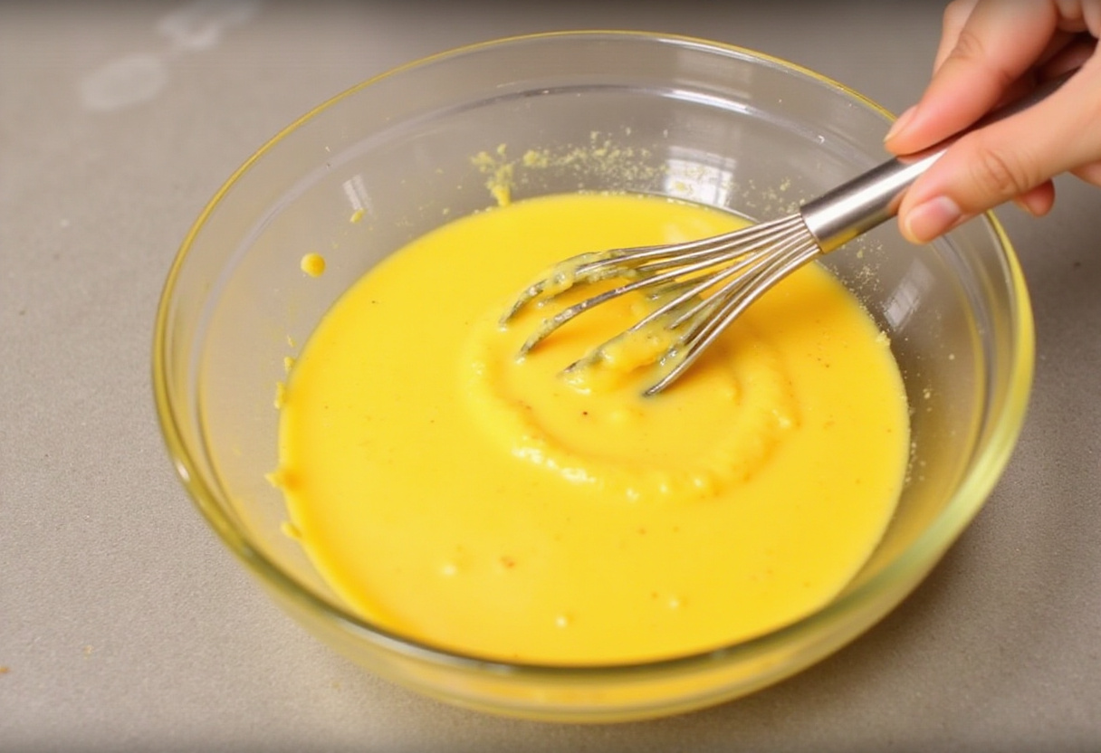 Whisking eggs for high protein breakfast burritos, ensuring a fluffy texture packed with protein for a hearty brunch.