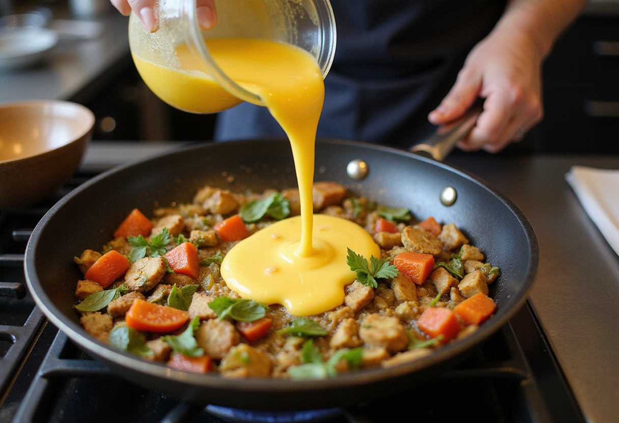 Cooking whisked eggs with sautéed vegetables for high protein breakfast burritos, a flavorful combination in progress.