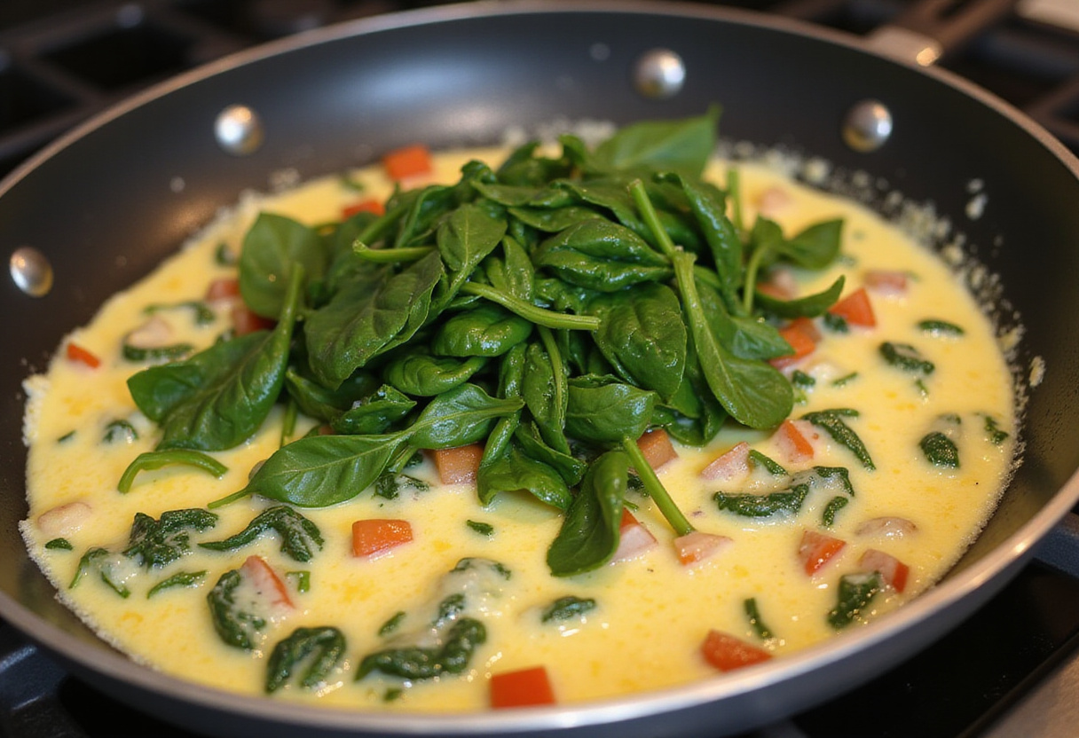 Adding fresh spinach to the egg mixture for high protein breakfast burritos, enhancing flavor and nutrition with greens.