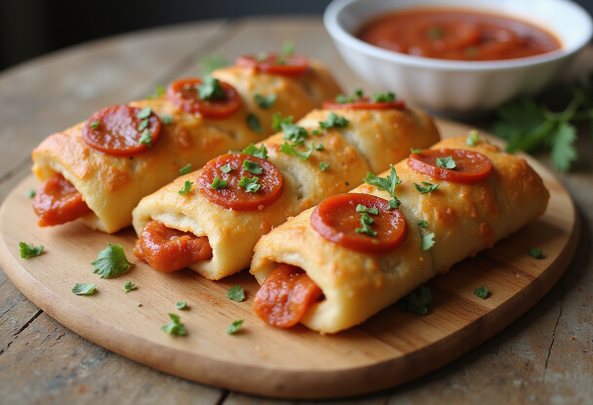 Delicious High Protein Pepperoni Pizza Rolls served on a wooden board with marinara sauce, perfect for a snack.