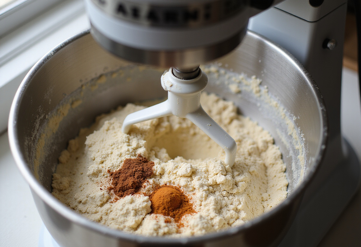 High Protein Pepperoni Pizza Rolls dough preparation with flour, yeast, and spices in a bright kitchen.