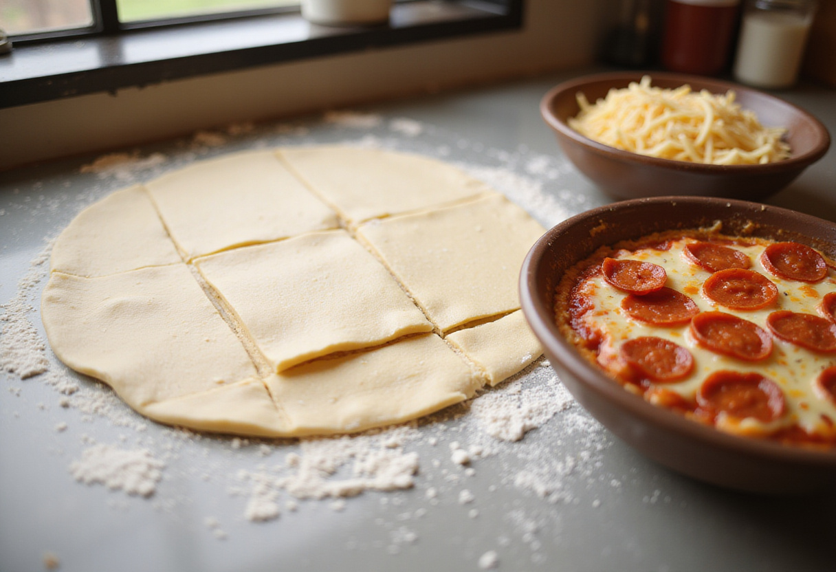 Preparing High Protein Pepperoni Pizza Rolls by cutting dough and preparing ingredients on a kitchen countertop.