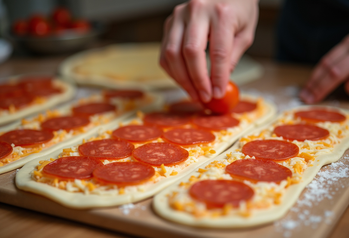 Filling High Protein Pepperoni Pizza Rolls with pepperoni and cheese inside a warm kitchen.