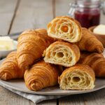 Freshly baked flaky croissants on a rustic wooden table, showcasing their golden crust and soft, layered interior – perfect for breakfast.