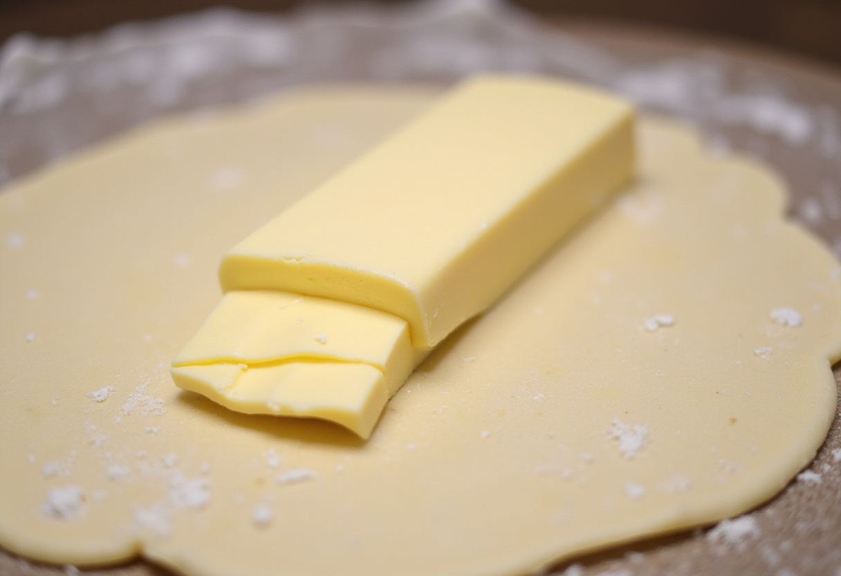 Butter block placed on layered dough, essential step for creating flaky croissants in homemade baking.