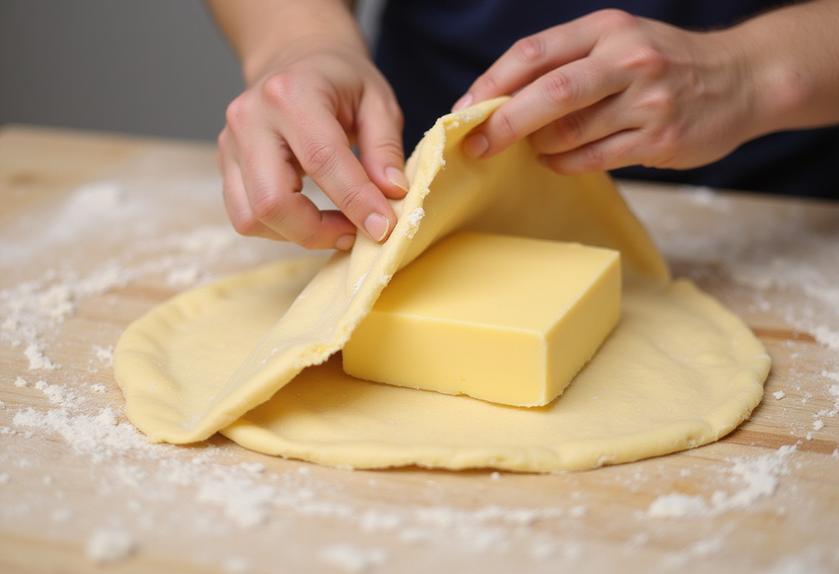 Folding dough over butter block for flaky croissant preparation, a pivotal baking technique for delicious results.