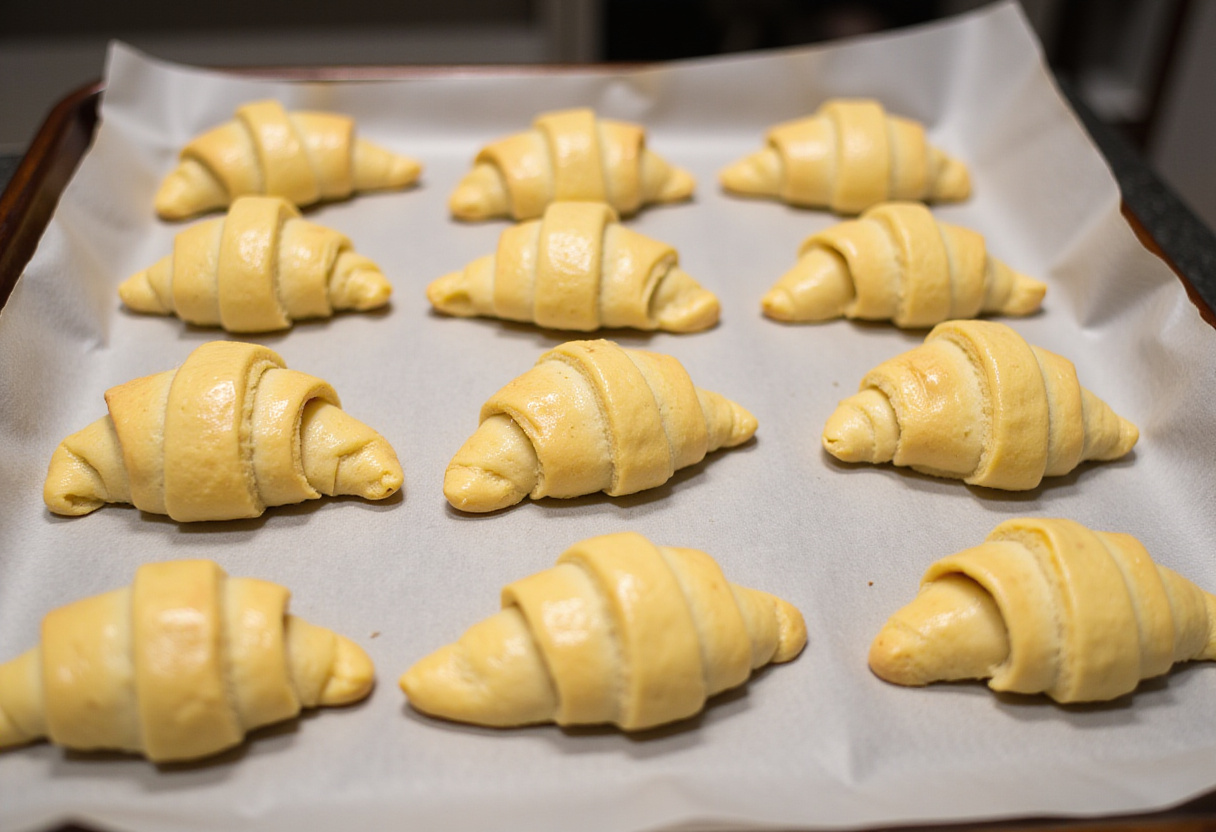 Unbaked homemade croissants on a parchment-lined baking sheet, ready to rise and become flaky treats.
