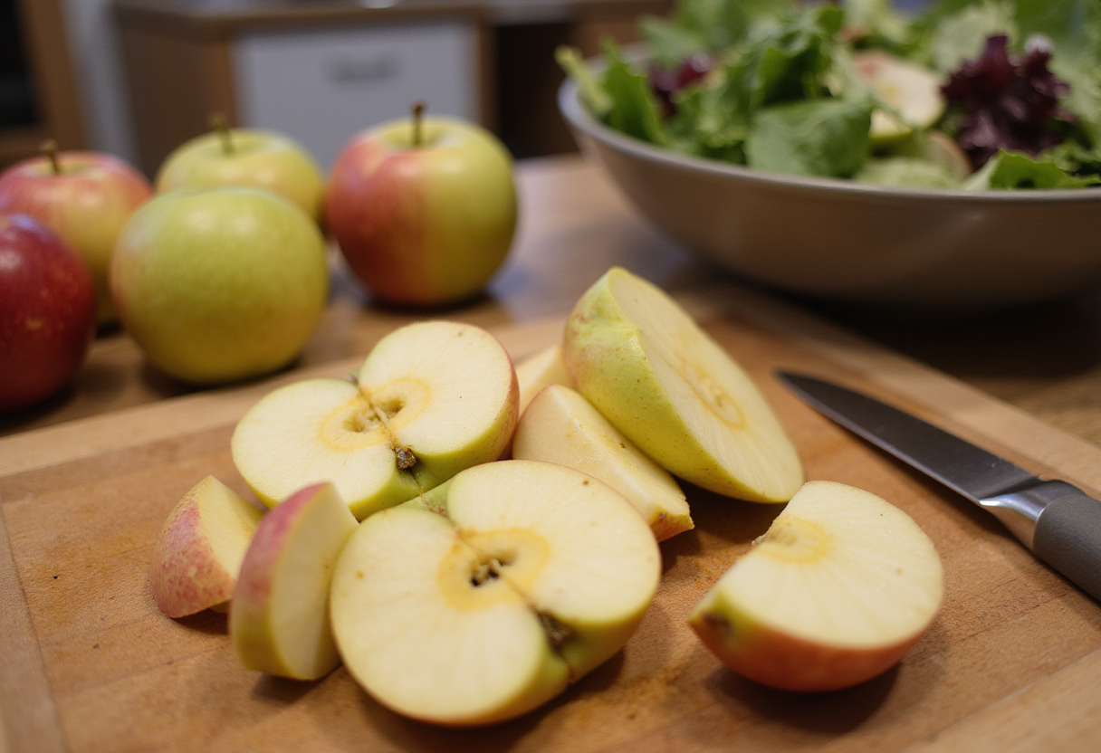 Slicing Honeycrisp apples for a fresh salad, showcasing the vibrant colors and textures for a delicious Honeycrisp Apple and Feta Salad.