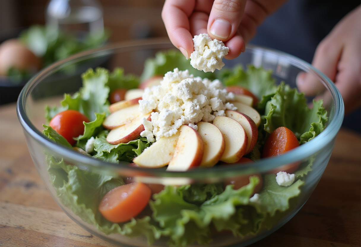 Adding crumbled feta cheese to mixed greens and sliced Honeycrisp apples, creating a flavorful Honeycrisp Apple and Feta Salad ready for dressing.