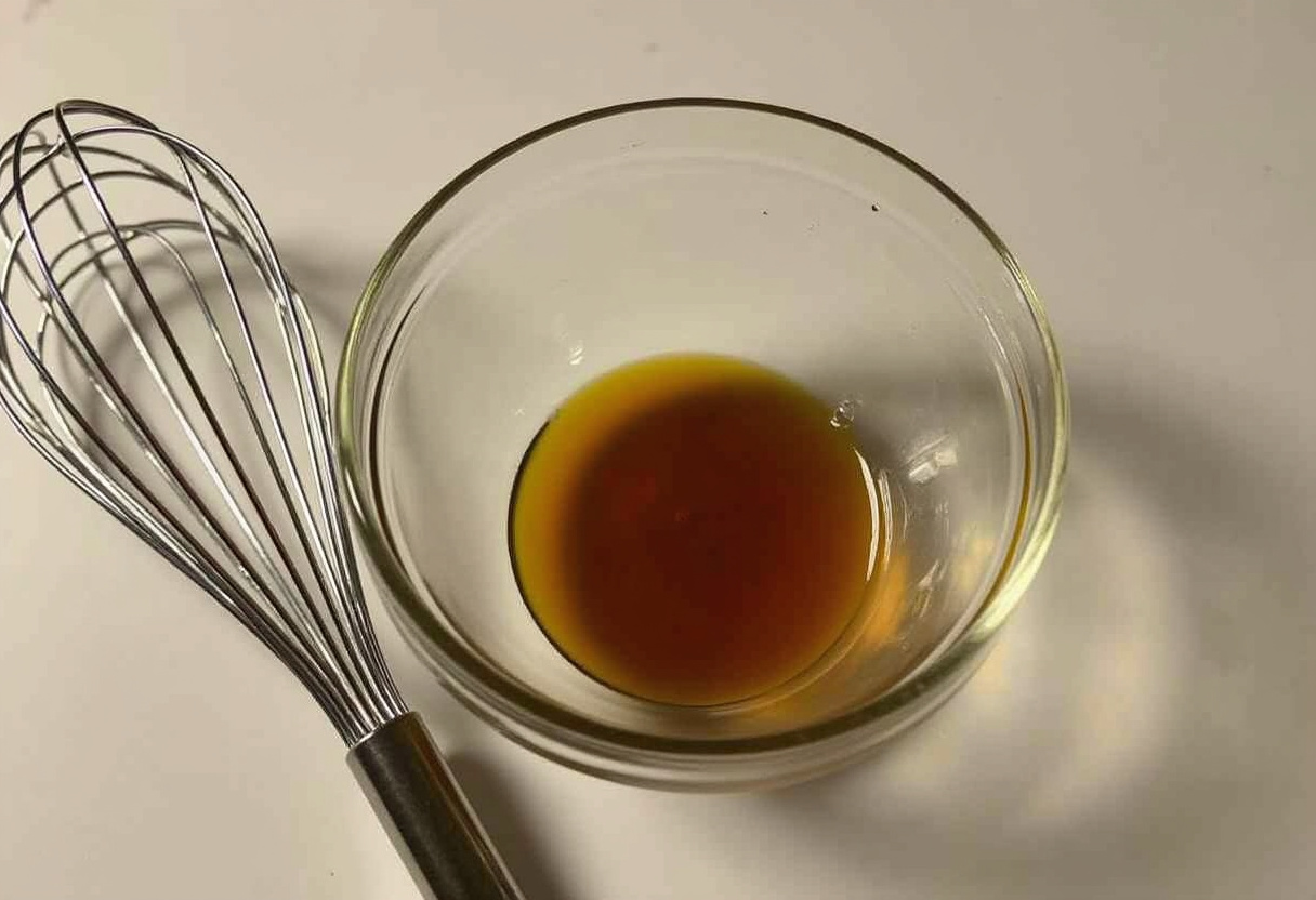 Preparing a vinaigrette dressing for a Honeycrisp Apple and Feta Salad, using olive oil, balsamic vinegar, and honey for a sweet and tangy flavor.