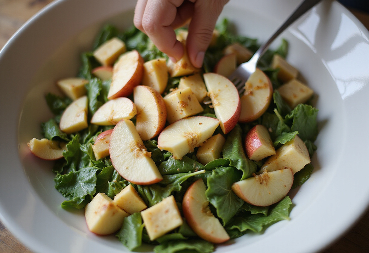 Tossing Honeycrisp Apple and Feta Salad ingredients to combine flavors, preparing a refreshing and healthy salad for serving.