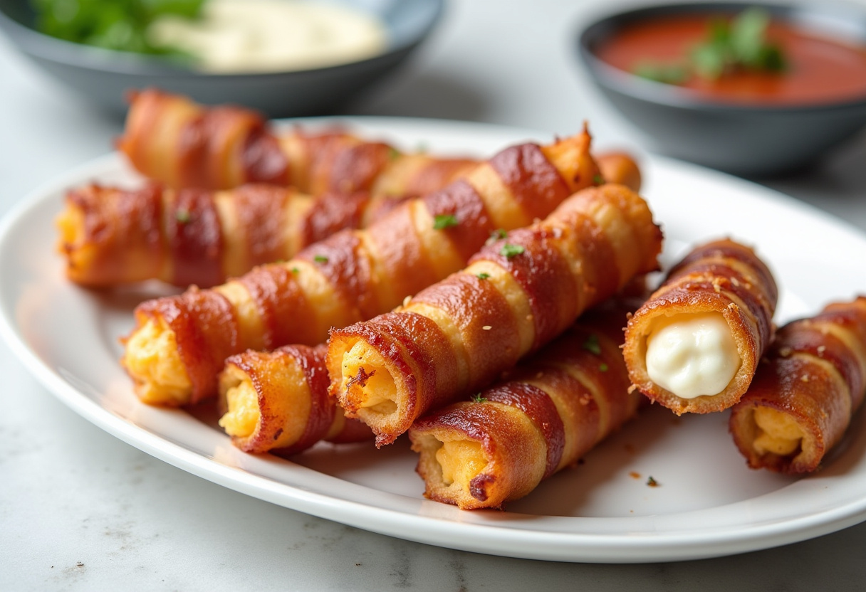 Final presentation of hot bacon wrapped mozzarella sticks, showcasing deliciousness for appetizer lovers.