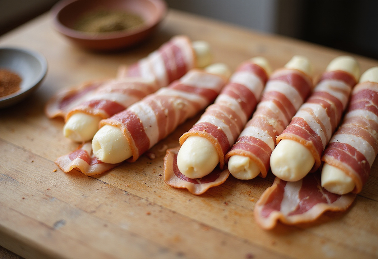 Hot Bacon Wrapped Mozzarella Sticks preparation, raw bacon and mozzarella sticks ready for cooking.