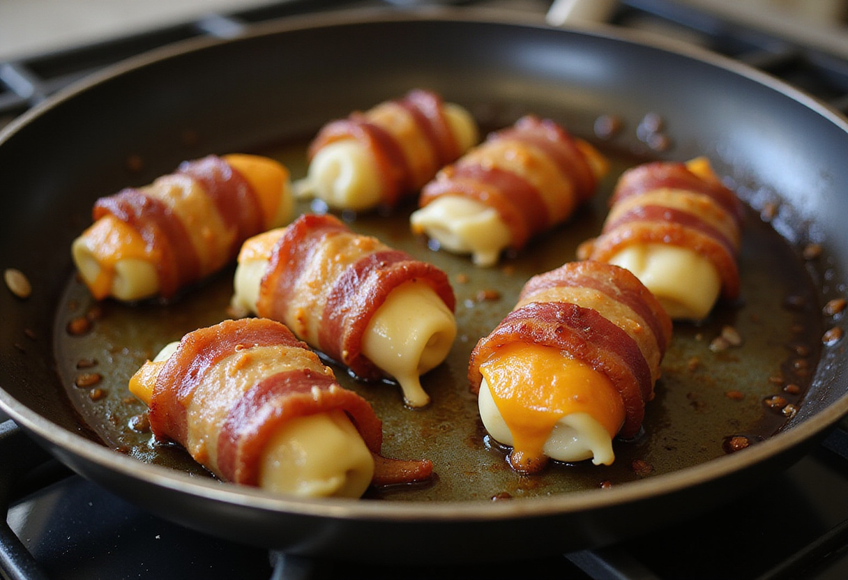 Bacon Wrapped Mozzarella Sticks frying in a pan, showcasing the savory cooking action and cheese melting.