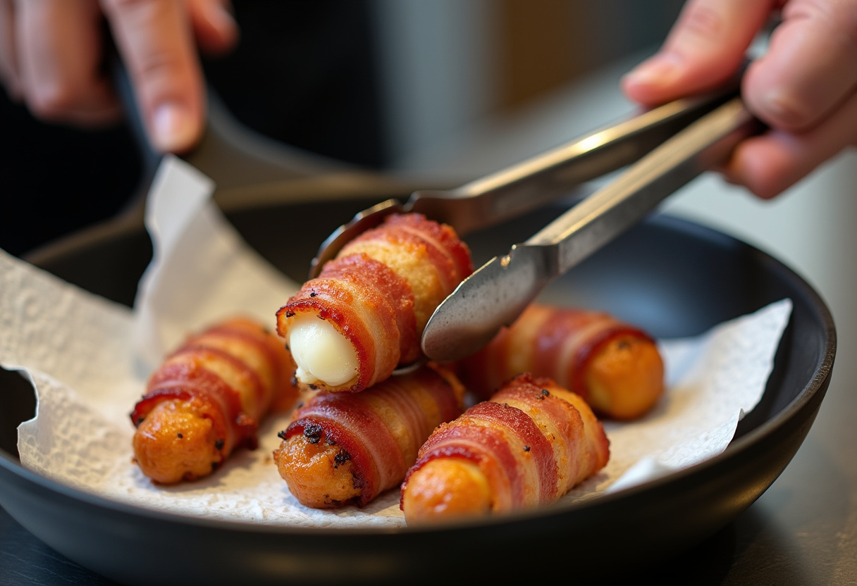 Removal of bacon wrapped mozzarella sticks from pan, demonstrating the crispy texture and flavor-filled snack preparation.