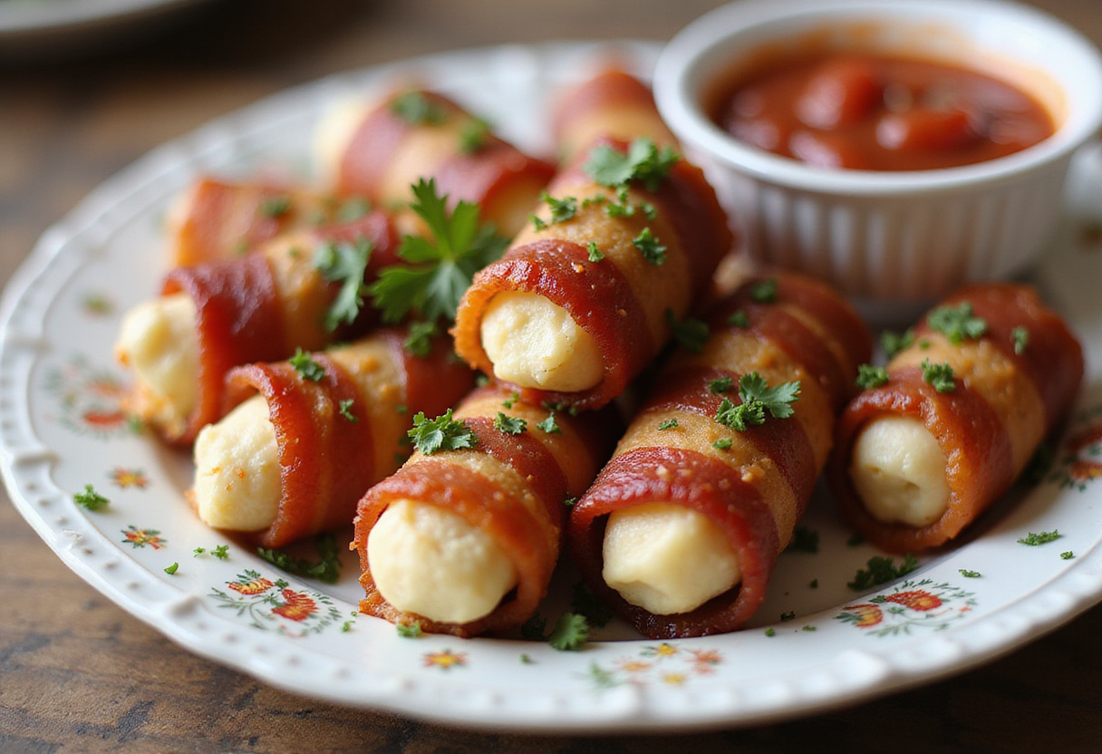 Serving of hot bacon wrapped mozzarella sticks on a decorative plate with marinara sauce, ideal for appetizers.